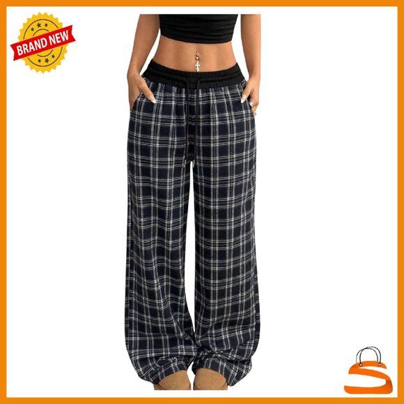 Women's Plaid Flannel Pajama Pants Lounge Wide Leg Sweatpants with Pockets